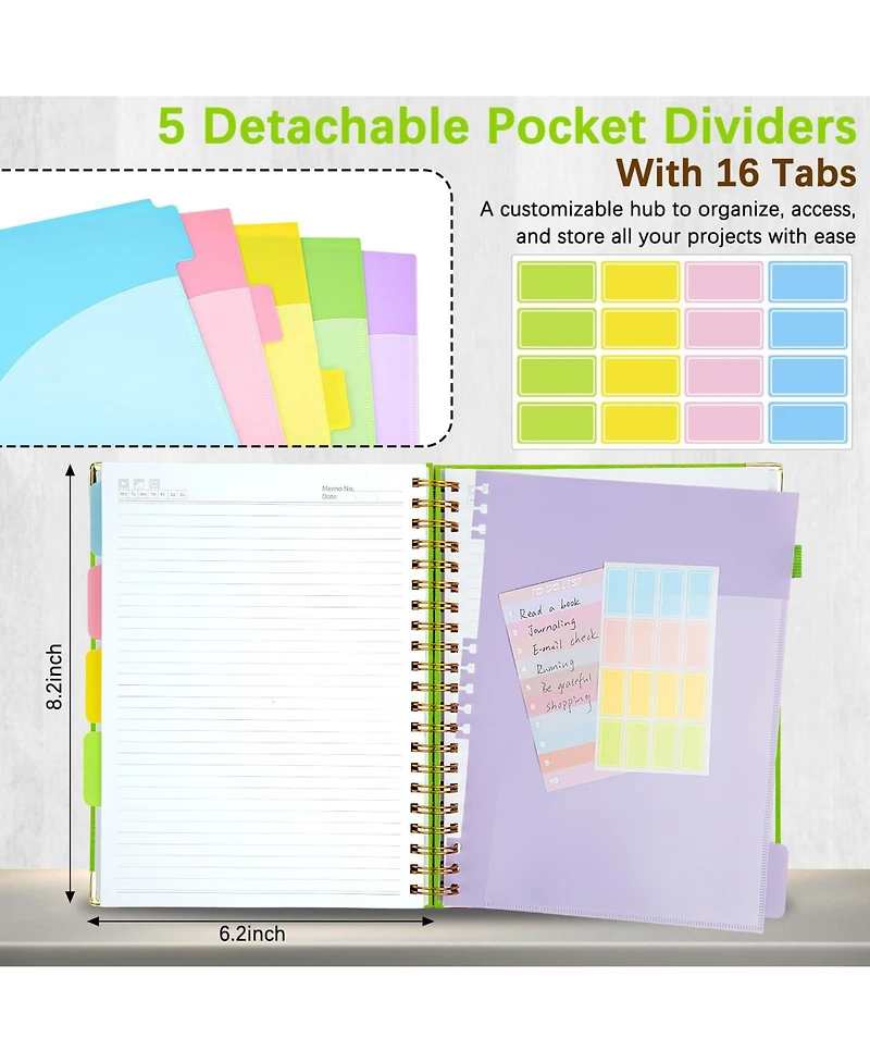 Danrong Faux Leather 5 Subject Spiral Notebook College Ruled 300 Pages with Dividers Tabs Pen Loop