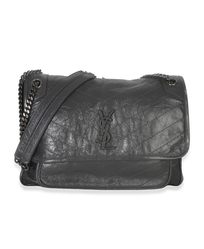 Pre-Owned Saint Laurent Grey Crinkled Calfskin Matelasse Large Niki Chain Satchel