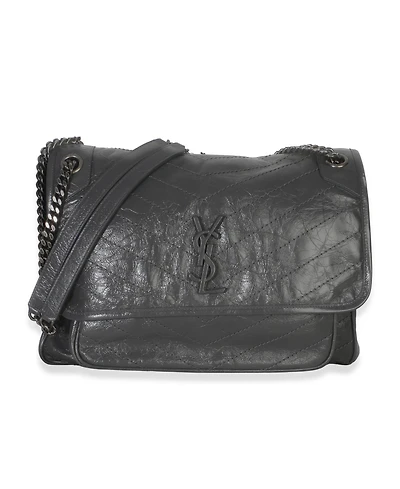 Pre-Owned Saint Laurent Grey Crinkled Calfskin Matelasse Large Niki Chain Satchel