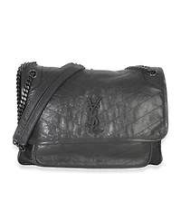 Pre-Owned Saint Laurent Grey Crinkled Calfskin Matelasse Large Niki Chain Satchel