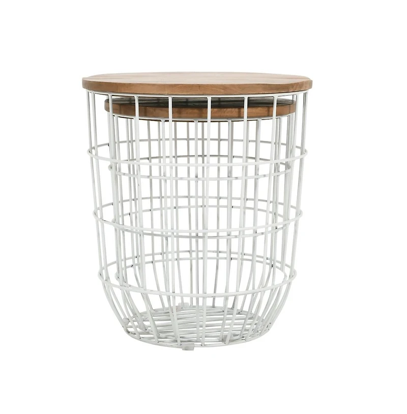 Jofran Global Archive Nested Storage Solid Wood and Metal Basket End Tables (Set of 2