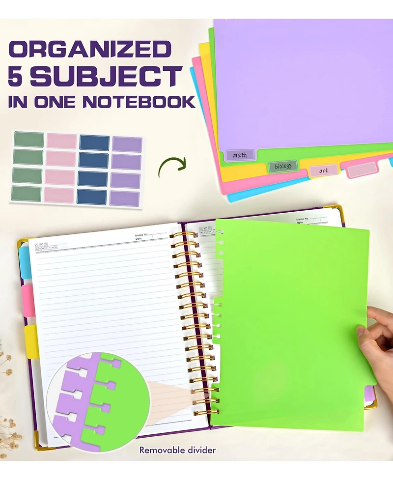 Danrong Leather Spiral Notebook 5 Subject Removable Dividers College Ruled 300 Pages