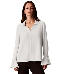 Calvin Klein Women's Long-Sleeve Flutter-Cuff Keyhole Blouse