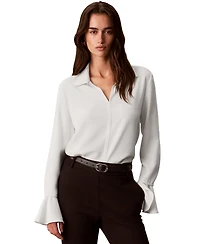 Calvin Klein Women's Long-Sleeve Flutter-Cuff Keyhole Blouse