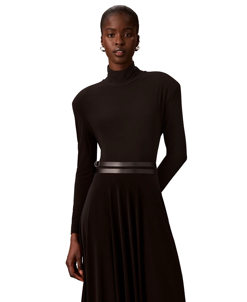 Calvin Klein Women's Belted Long-Sleeve Turtleneck A-Line Dress