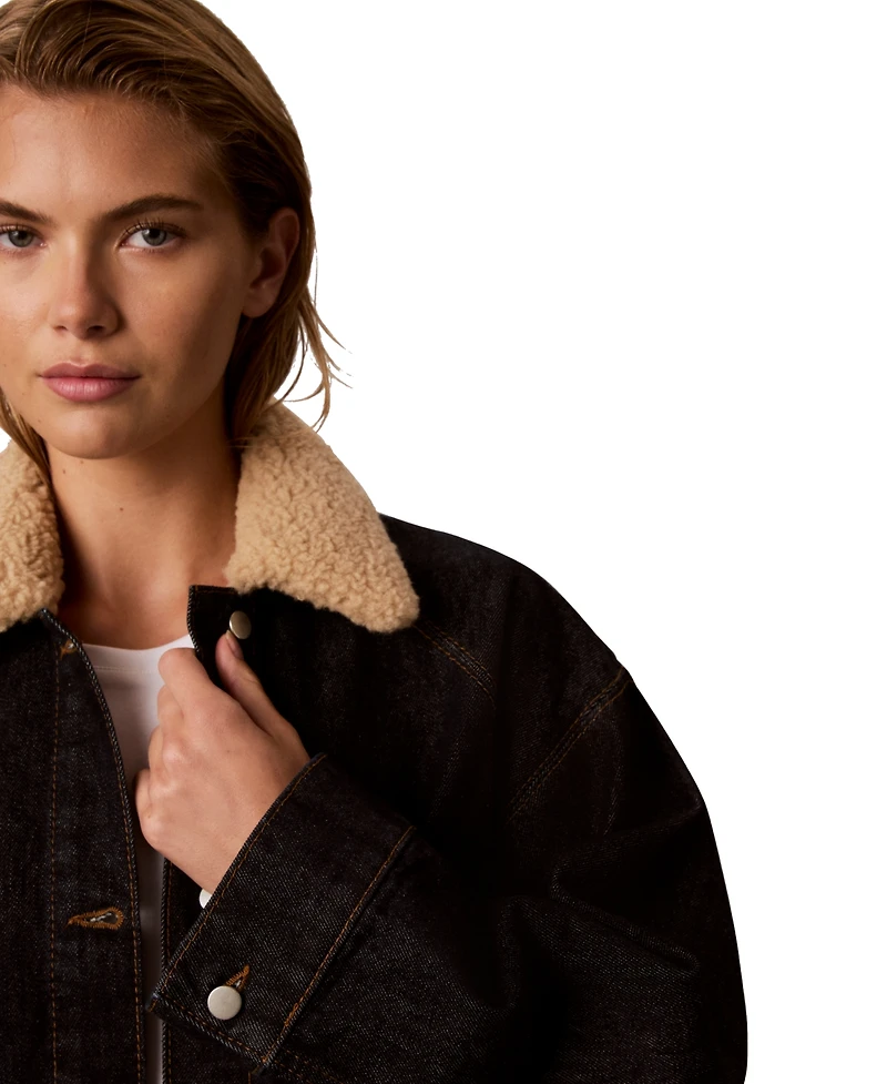 Calvin Klein Women's Cropped Shearling-Collar Denim Jacket