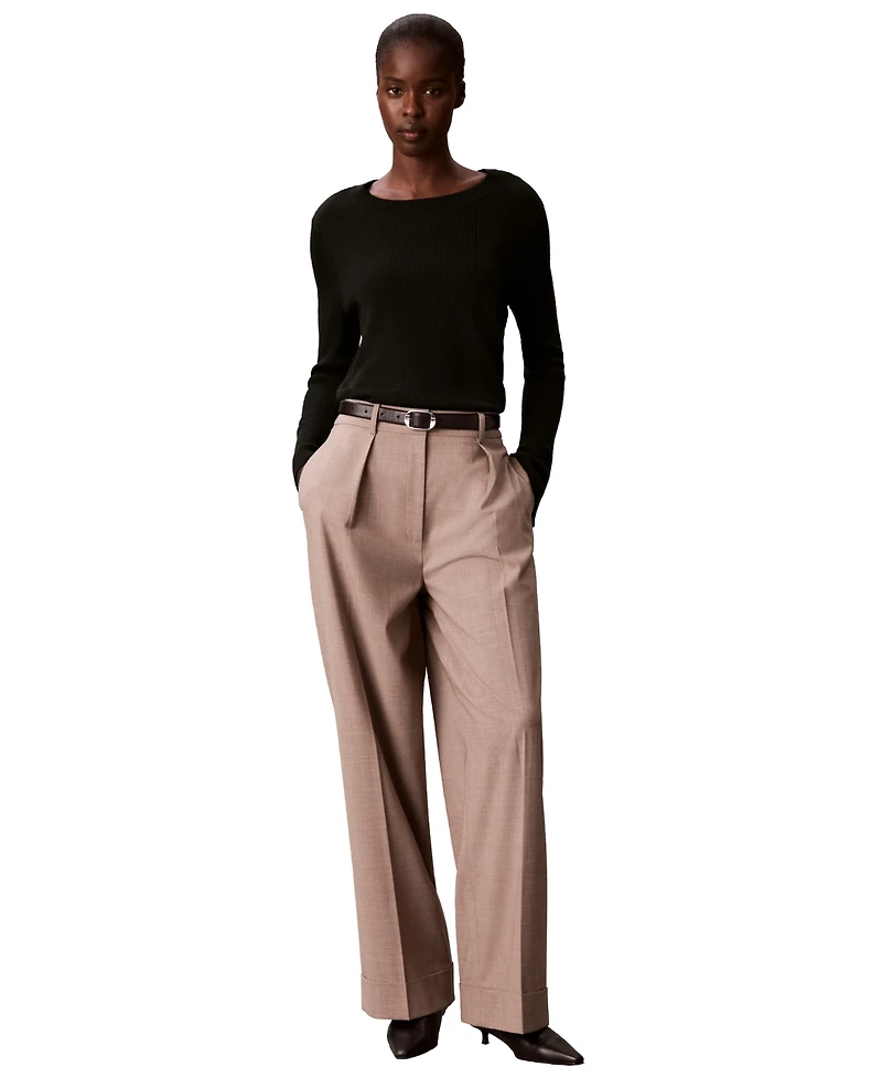 Calvin Klein Women's Ribbed Sculpted-Sleeve Crewneck Sweater