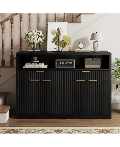 gaomon Fluted Buffet Sideboard Cabinet, Modern Wooden Storage Hutch with 2 Drawers, Adjustable Shelves, Coffee Bar Cabinet
