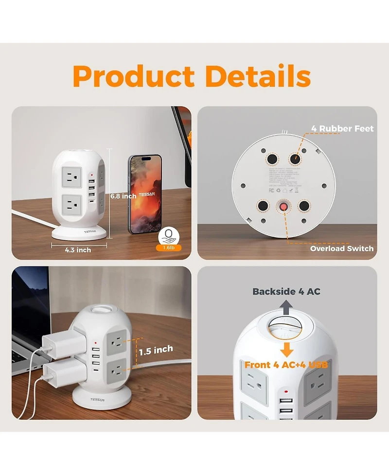 Tessan Tower Power Strip 8 Ac Outlets, 4 Usb Ports (Usb-c), 10-Foot Cord for North American Plugs