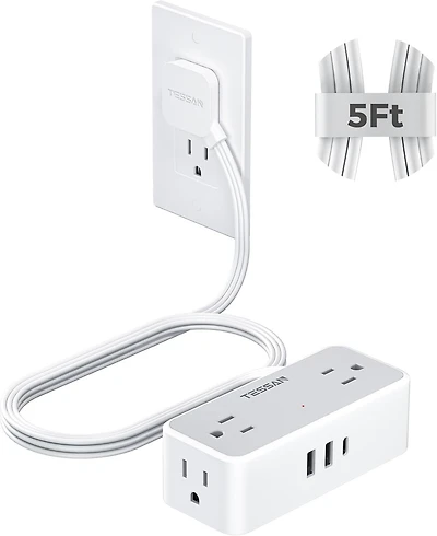 Tessan 5-Foot Surge Protection Power Strip with 4 Ac Outlets and 3 Usb Ports for Compatible North American Plugs