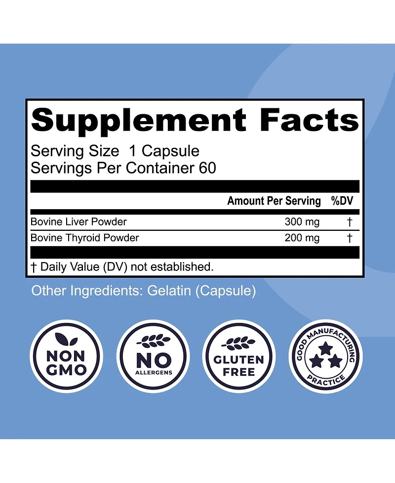 Left Coast Performance Grass Fed Bovine Thyroid and Liver Capsules, Non-gmo, Gluten Free, Pasture Raised, 60 Count
