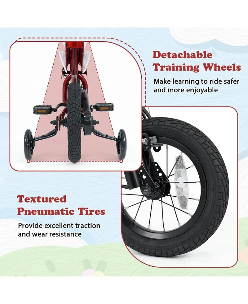 Hongge 12 in Motorcycle-Inspired Kids' Bike with Detachable Training Wheels, 143 lb Capacity, Ages 3-4