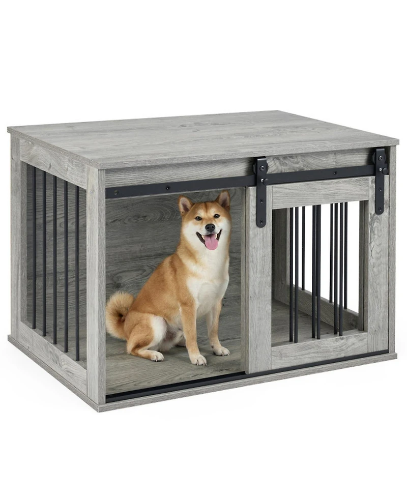 Sugift Heavy Duty Dog Crate Furniture Kennel with Sliding Barn Door