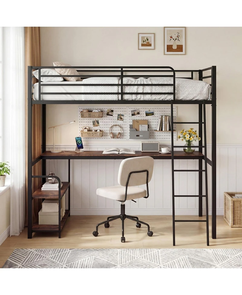 Sugift Twin Loft Bed with Desk Shelves and Charging Station for Kids and Adults