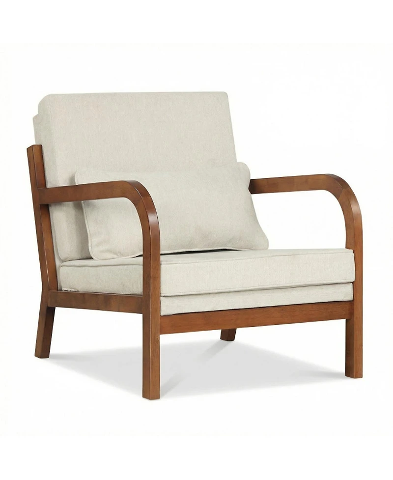 Sugift Modern Faux Leather Linen Fabric Upholstered Accent Armchair with Rubber Wood Frame