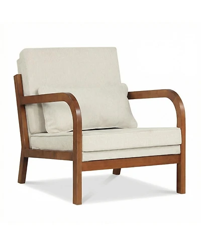 Sugift Modern Faux Leather Linen Fabric Upholstered Accent Armchair with Rubber Wood Frame