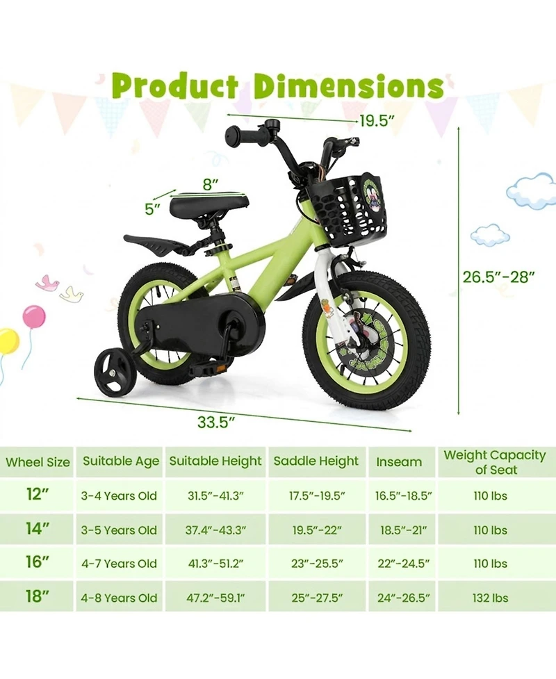Hongge 12-Inch Kids Bike with Detachable Training Wheels, 110 lbs Capacity, Ages 3-4