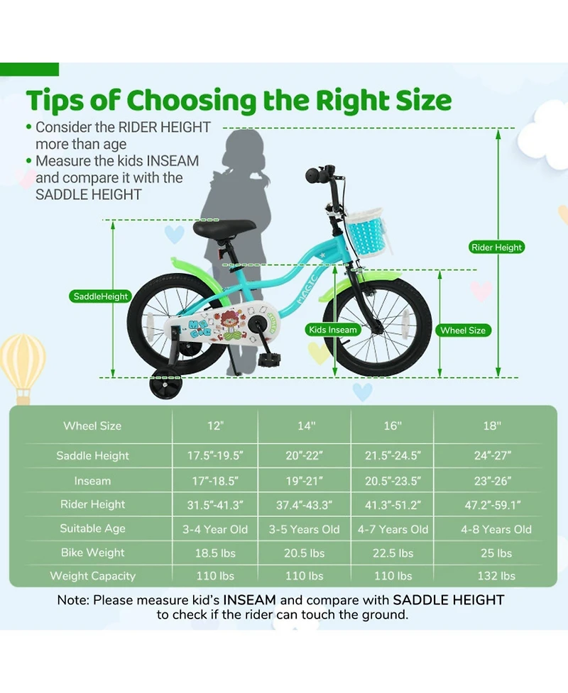 Hongge 18-Inch Kids Bike with Training Wheels and Front Basket, 132 lbs Capacity, Ages 4-8