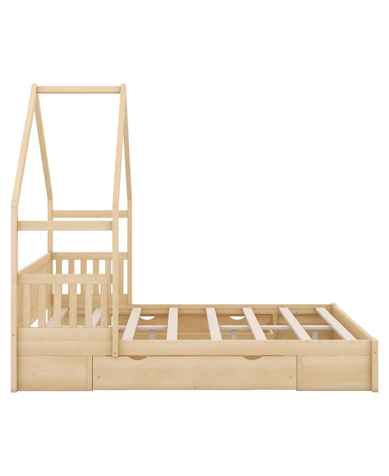 Sailvan Queen Wood House Platform Bed with Guardrail and 2 Storage Drawers