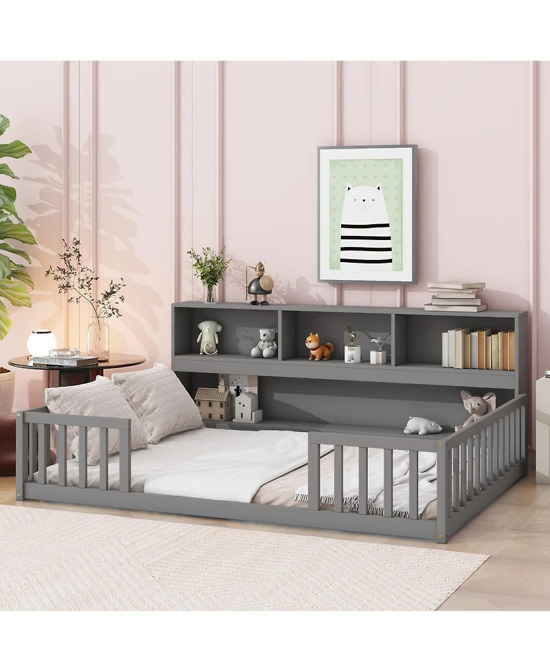 Sailvan Full Floor Bed with Side Bookcase,Shelves,Guardrails