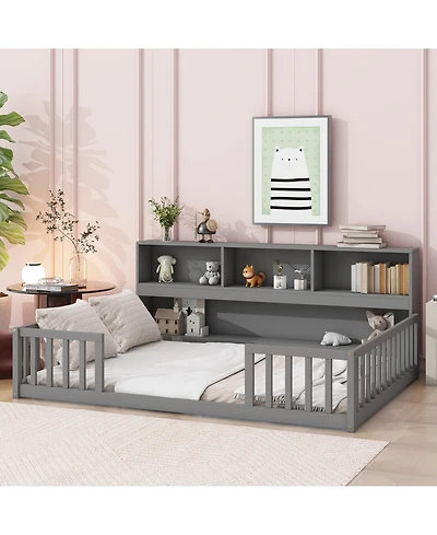 Sailvan Full Floor Bed with Side Bookcase,Shelves,Guardrails
