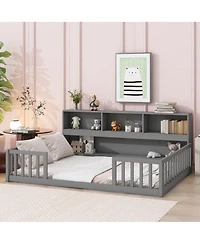 Sailvan Full Floor Bed with Side Bookcase,Shelves,Guardrails