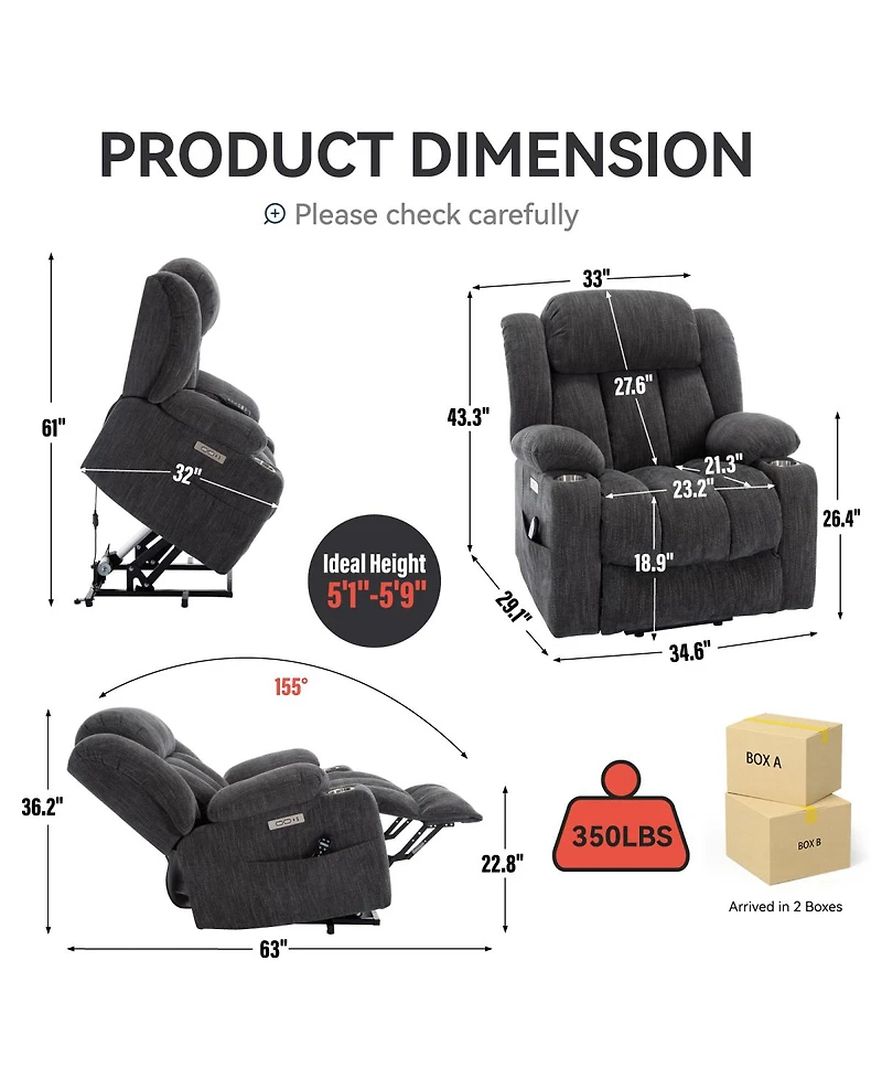 Streamdale Furniture Heavy Duty Chenille Power Lift Recliner with Massage and Heat