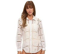 Dotti Women's Eyelet Openwork Dot Long-Sleeve Beach Shirt