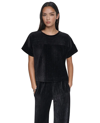 Dkny Women's Lurex Velvet Knit Scoop Neck Short-Dolman Sleeves T-Shirt