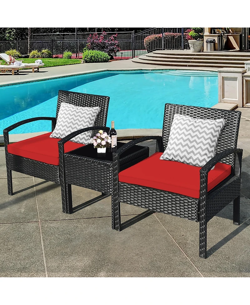 Costway 3PCS Patio Rattan Furniture Set Coffee Table & Chairs with Seat Cushions Garden