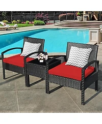 Costway 3PCS Patio Rattan Furniture Set Coffee Table & Chairs with Seat Cushions Garden