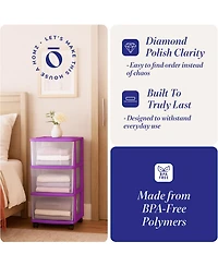Homz Plastic 3 Drawer Medium Storage Container Tower, Purple Frame (2 Pack)