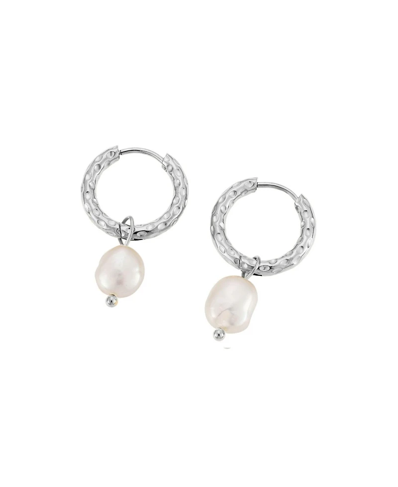 Atolea Faux Pearl Hammered Hoop Earrings