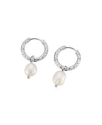 Atolea Faux Pearl Hammered Hoop Earrings