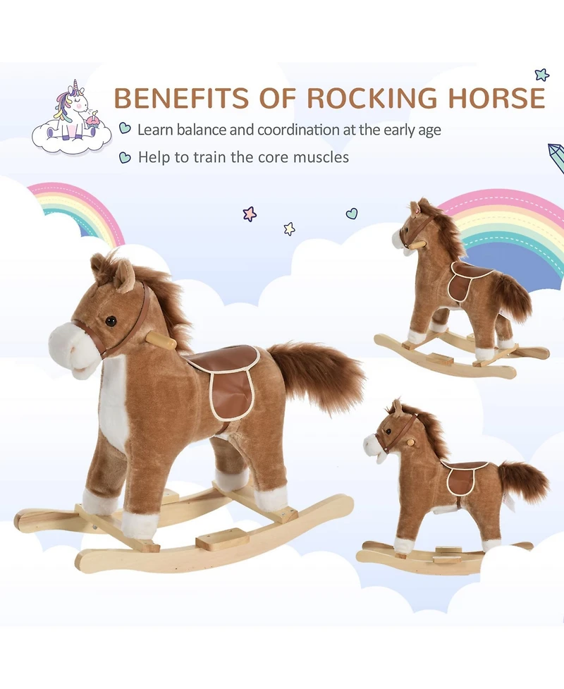 Glintex 12V Kids Electric Ride-On Horse with Sounds, Carrot Toy, Comb, Foot Pedal, Seat Storage, and Battery Power for Ages 1.5-3, Brown
