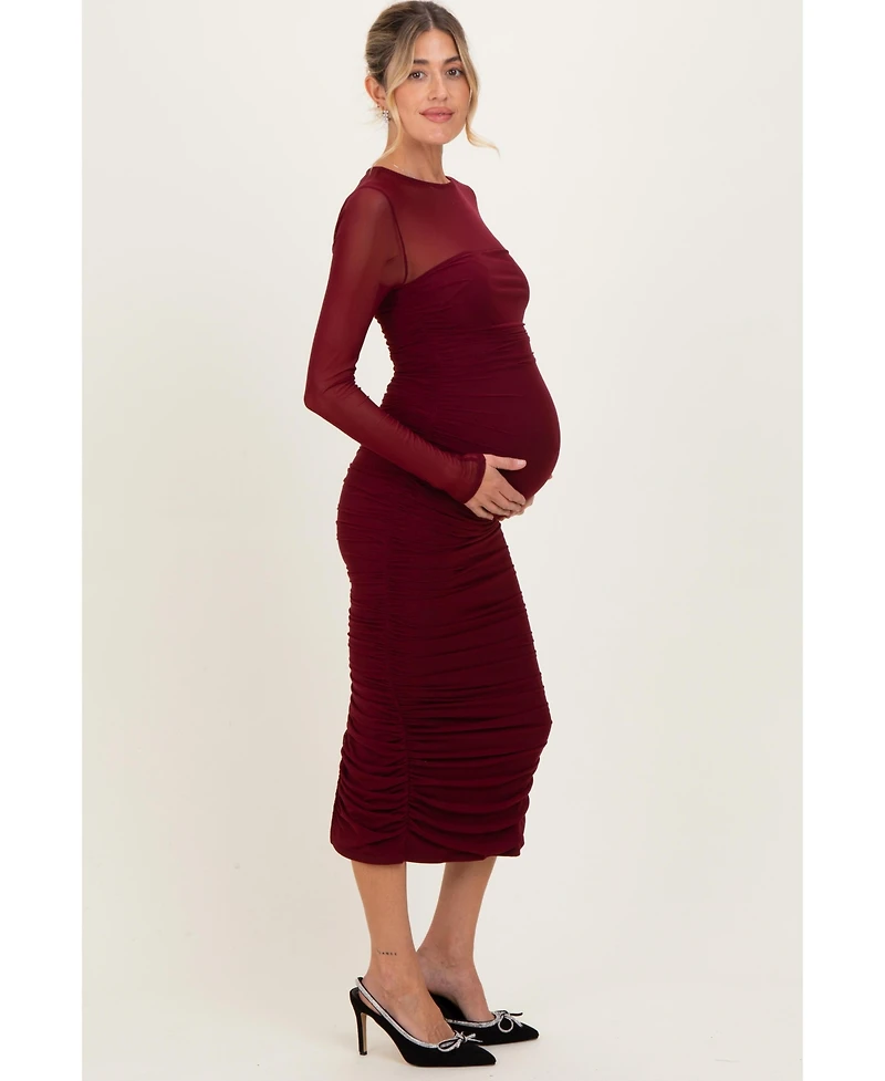 Pinkblush Women's Burgundy Mesh Ruched Long Sleeve Midi Dress