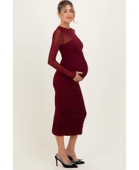Pinkblush Women's Burgundy Mesh Ruched Long Sleeve Midi Dress