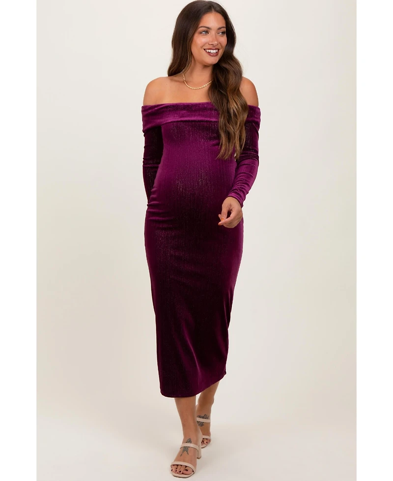 Pinkblush Women's Plum Shiny Velour Off Shoulder Midi Dress