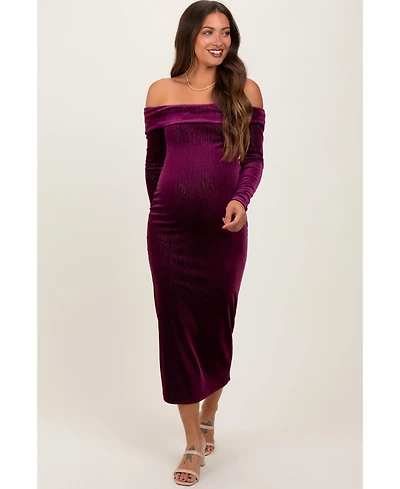 Pinkblush Women's Plum Shiny Velour Off Shoulder Midi Dress