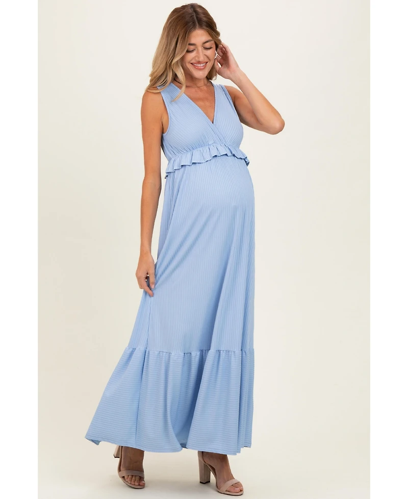 Pinkblush Women's Light Blue Ribbed Sleeveless V-Neck Ruffle Tiered Maxi Dress