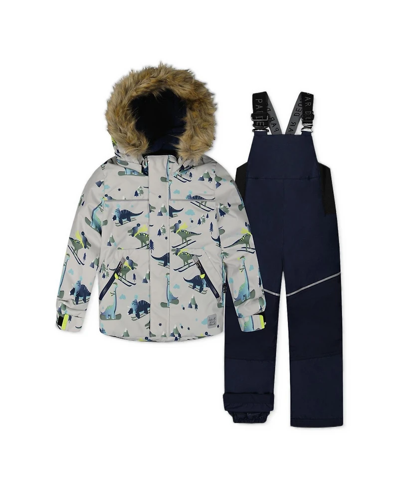 Deux par Deux Little Boys 6-8 Two Piece Discover Snowsuit Grey Skiing Dinosaur Print
