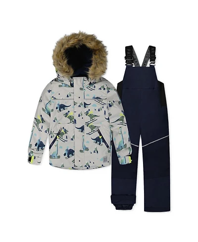 Deux par Deux Little Boys 6-8 Two Piece Discover Snowsuit Grey Skiing Dinosaur Print