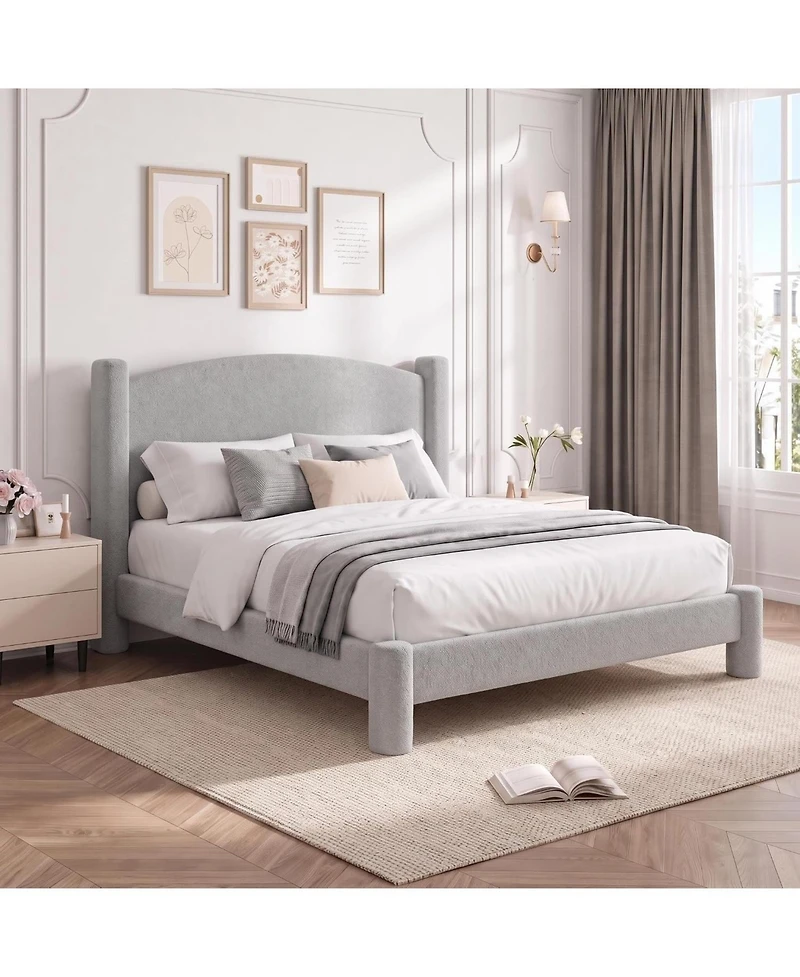 homfan Full Cloud Bed Round Boucle Headboard and Cylindrical Legs, Heavy Duty, No Box Spring, Easy Assembly