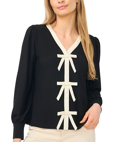 CeCe Women's Bow Front Long-Sleeve V-Neck Blouse