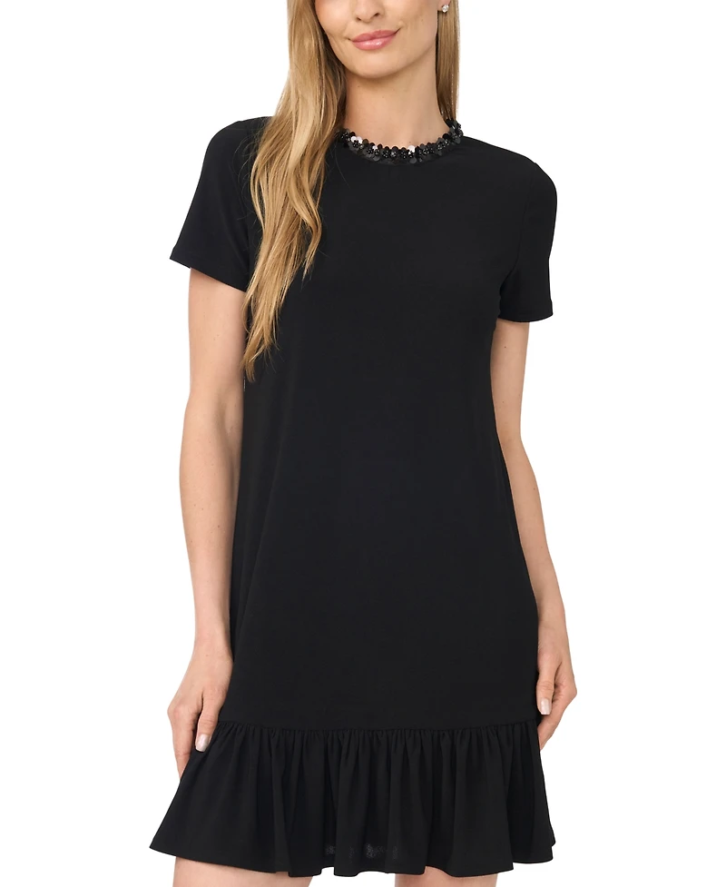 CeCe Women's Short-Sleeve Ruffle Hem Mini Dress with Sequin Neck Opening