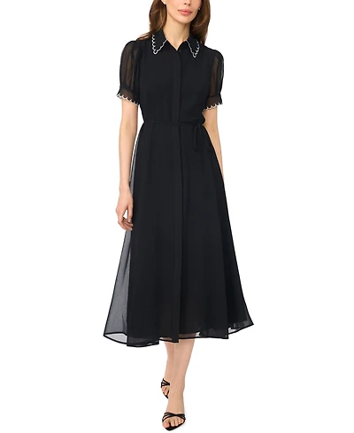 CeCe Women's Contrast Stitch S/S Scallop Midi Dress With Tie Waist