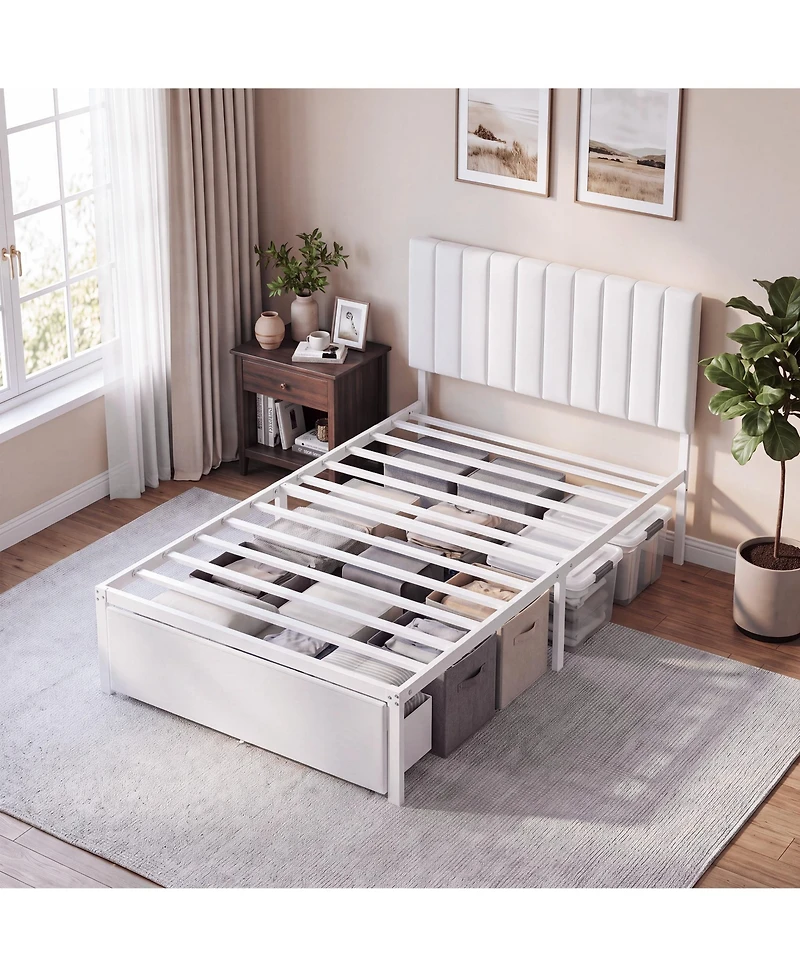 homfan Bed Frame with Upholstered Headboard, Adjustable Headboard Iron Platform Bed, No Box Spring Needed