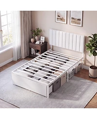 homfan Bed Frame with Upholstered Headboard, Adjustable Headboard Iron Platform Bed, No Box Spring Needed