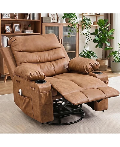 Oversized 360 Degree Swivel Glider Recliner Chair With Massage And Heating, Wide Seat Manual Lounge Armchair Cup Holder, For Living Room, Bedroom