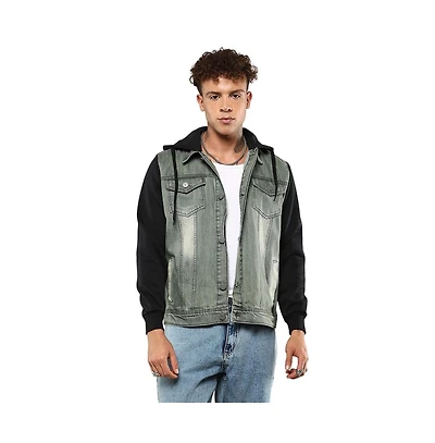 Campus Sutra Men's Light-Wash Hooded Denim Jacket With Sweatshirt-Style Sleeves